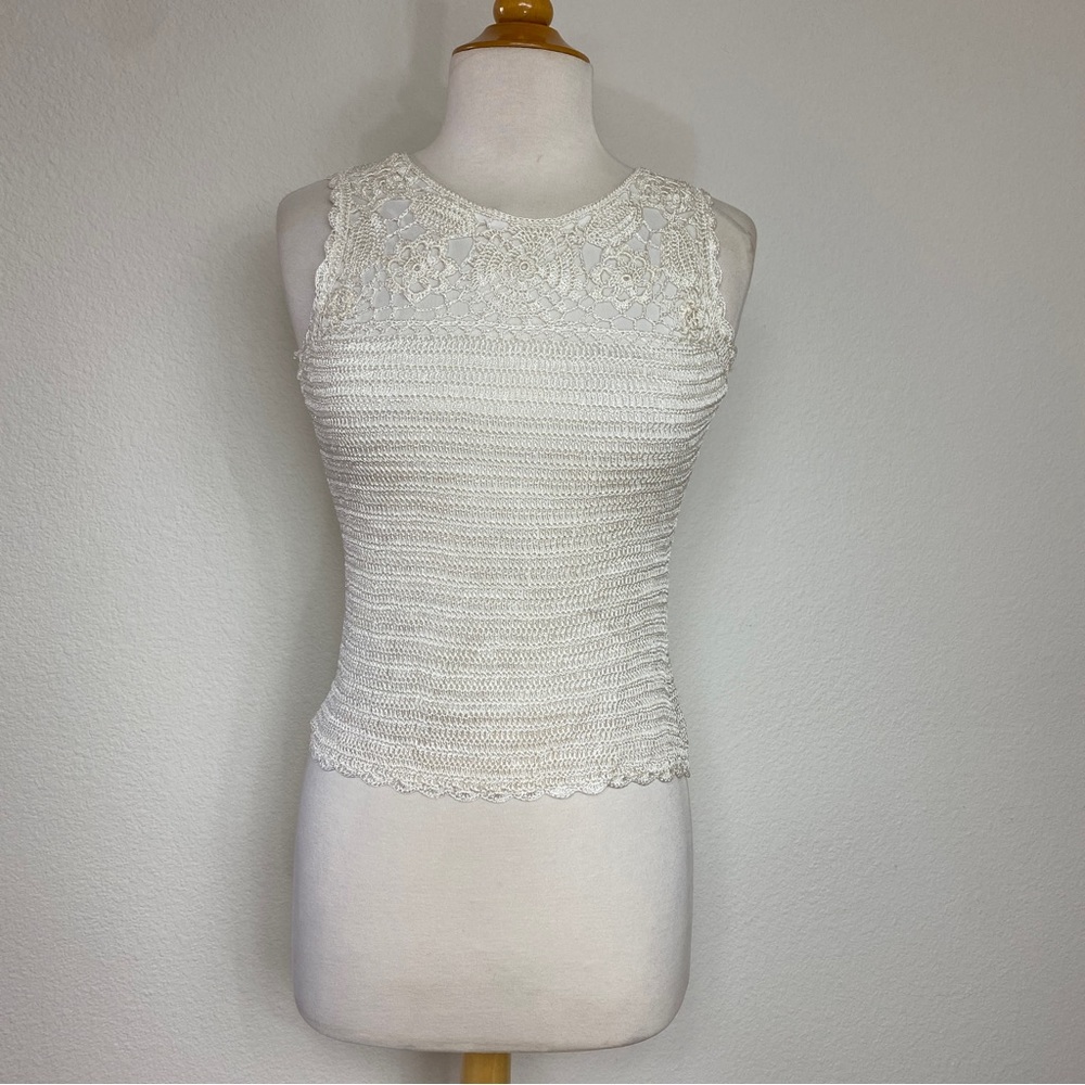 Vintage Cicada Cream Crochet Sleeveless Stretch Blouse Size XS Bohemian Retro